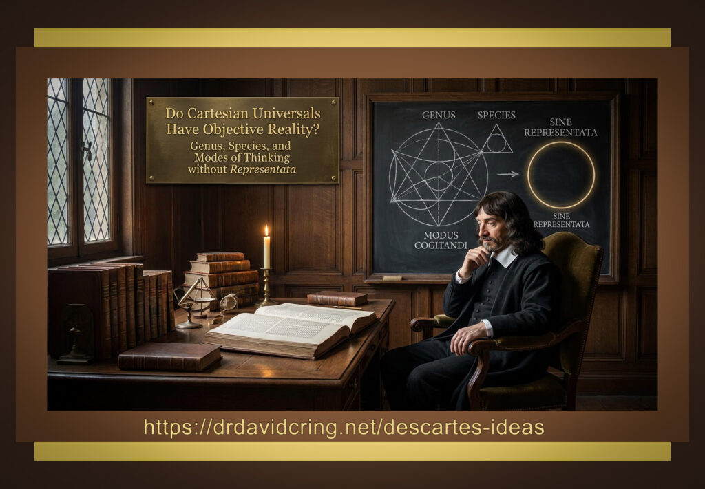 An AI-generate hyperrealistic image by Nano Banana Pro of René Descartes seated thoughtfully in a 17th-century study beside a chalkboard illustrating concepts of genus, species, and modes of thinking, with a brass plaque posing the question “Do Cartesian Universals Have Objective Reality?” and the URL https://drdavidcring.net/descartes-ideas displayed below.