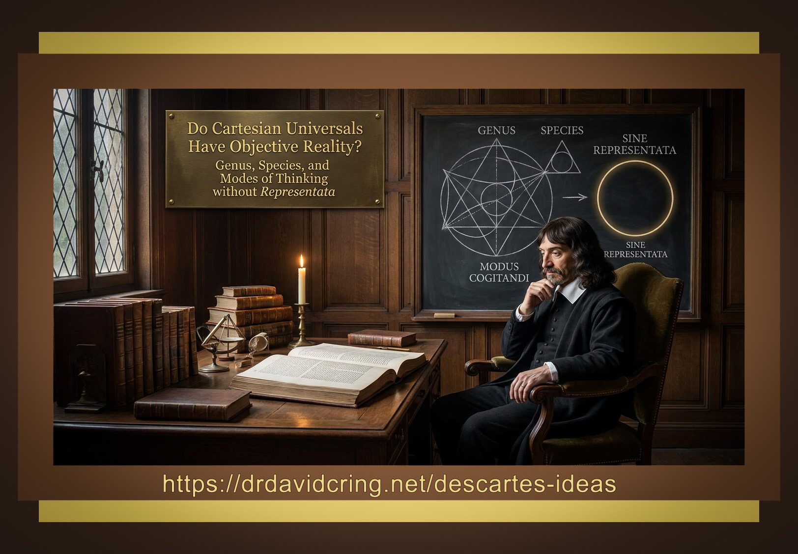 An AI-generate hyperrealistic image by Nano Banana Pro of René Descartes seated thoughtfully in a 17th-century study beside a chalkboard illustrating concepts of genus, species, and modes of thinking, with a brass plaque posing the question “Do Cartesian Universals Have Objective Reality?” and the URL https://drdavidcring.net/descartes-ideas displayed below.