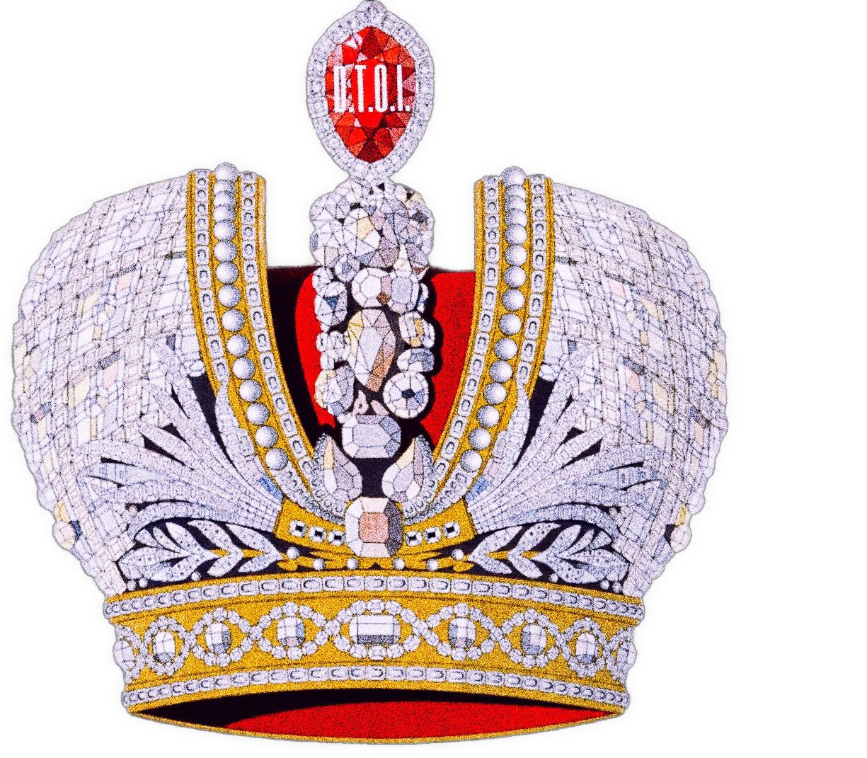 An enhanced and colorized ornate predominately white, yellow and red crown worn by Russian monarchs including Nicholas II features intricate jewel work and a large bright red gem at the top inscribed with the white text “D.T.O.I.”.