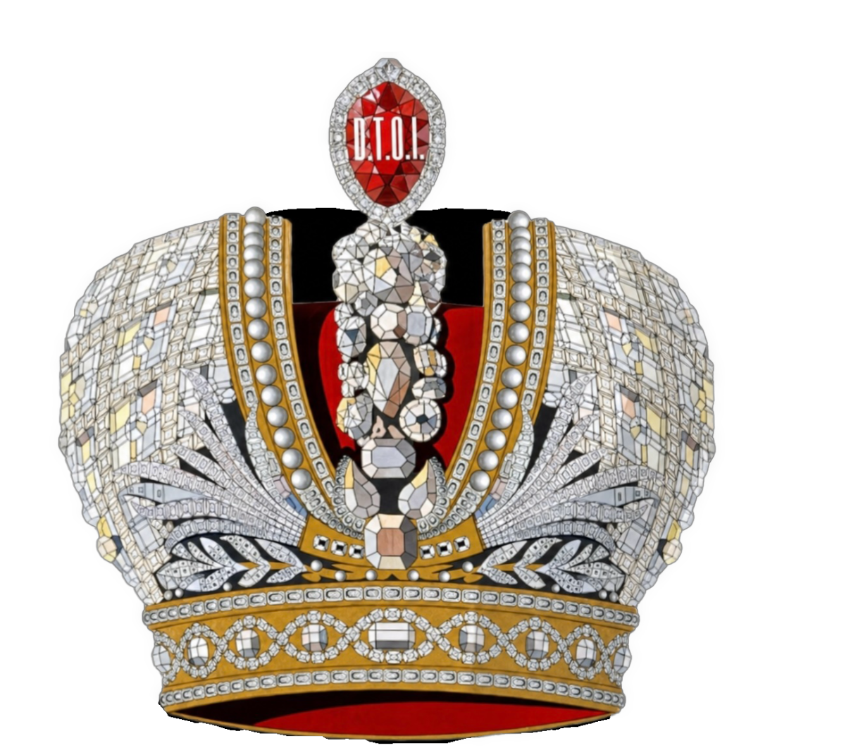 An enhanced and colorized ornate predominately white, yellow, black, and red crown worn by Russian monarchs including Nicholas II features intricate jewel work and a large bright red gem at the top inscribed with the white text “D.T.O.I.”.