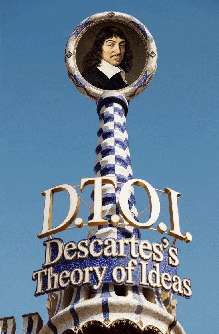 An animated .GIF file of a rotating blue-and-white mosaic tower topped with a circular portrait of René Descartes displays large gold lettering that reads “D.T.O.I.” and “Descartes’s Theory of Ideas.”