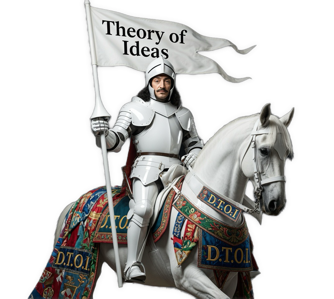 An AI-generated by Grok Imagine (7/30/26) of René Descartes with face showing in white armor riding a white horse while holding a lance straight up with a white flag above his head with black letters that read “Theory of Ideas,” with “D.T.O.I.” appearing multiple times on the horse’s ornate and multi-colored coverings.