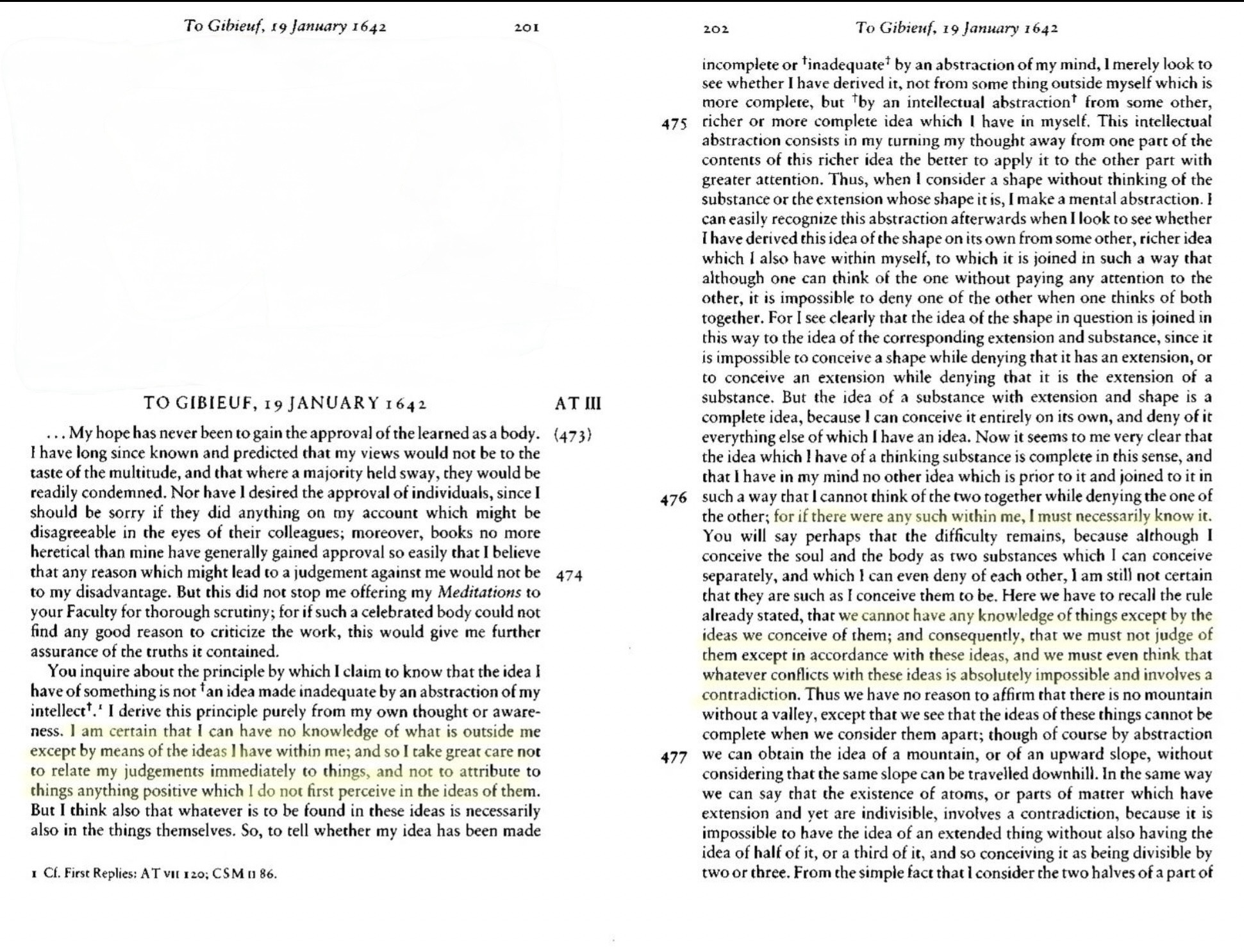 A screenshot of the CSMK page from Descartes’ letter to Gibieuf (19 January 1642) discussing the completeness of the idea of a thinking substance independent of extension and argues that one cannot conceive a shape without extension or an extension without it belonging to a substance.