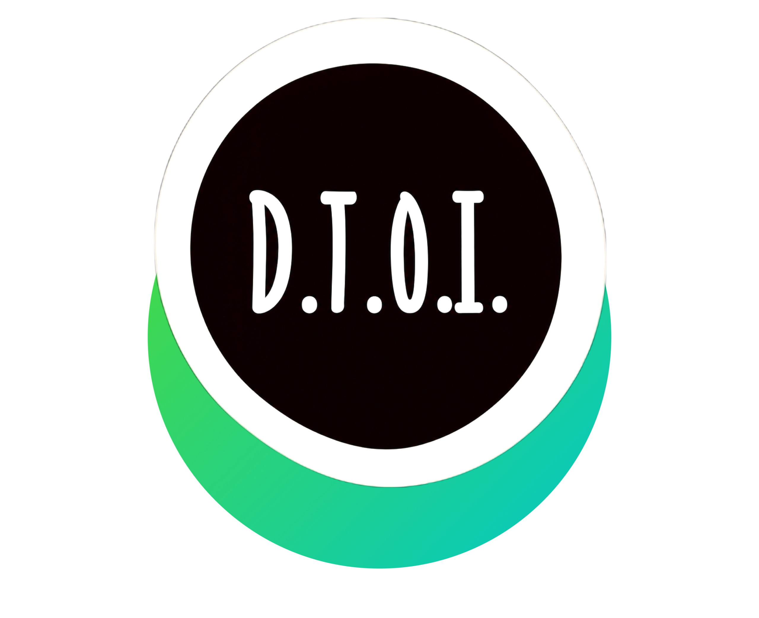A black circle with a thick white surround has a teal and green curved half-moon accent underneath & displays the white letters D.T.O.I. Inside the solid black circle.