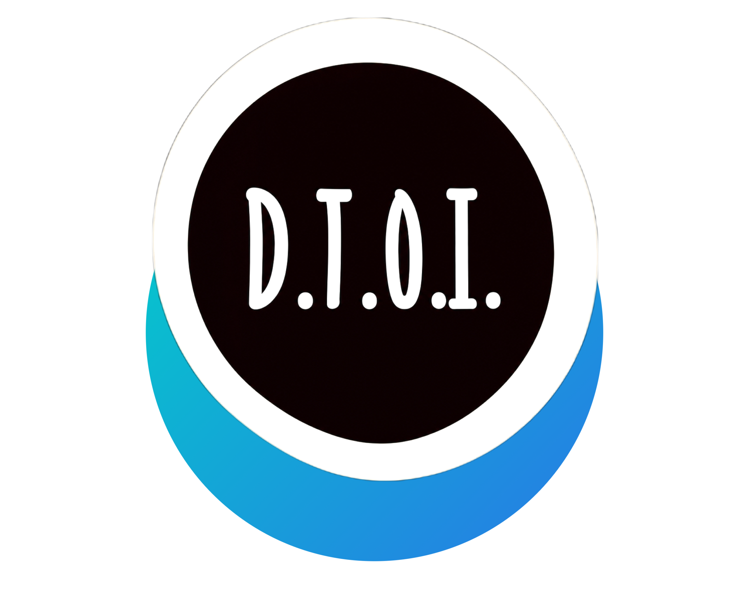 A solid black circle with a thick white surround and a blue half moon underneath contains the white letters D.T.O.I. In the sold black circle.