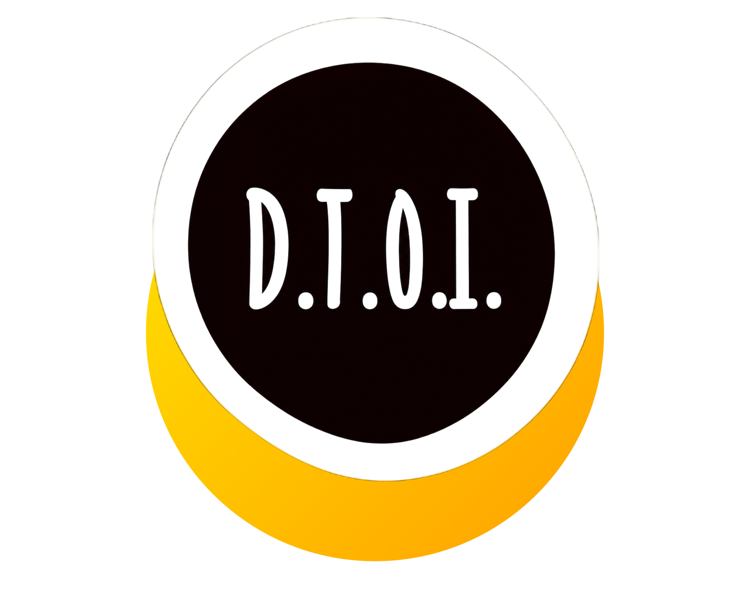 A solid black circle with a thick white surround and a yellow half moon underneath contains the white letters D.T.O.I. In the sold black circle.