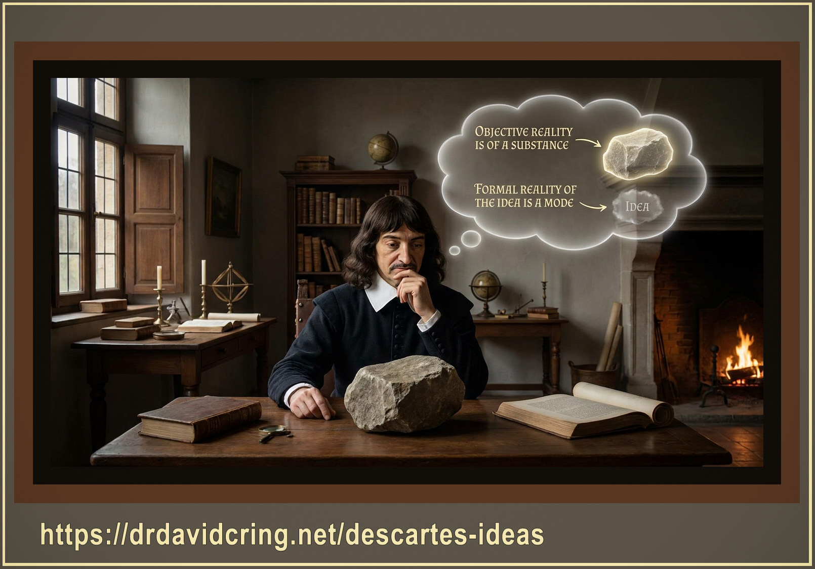 A framed Nano Banana Pro image of a historical study showing a contemplative René Descartes seated at a table with a large rock, while a thought bubble distinguishes the objective reality of the rock as a substance-level rank from the formal reality of the idea as a mode, used as a featured image.