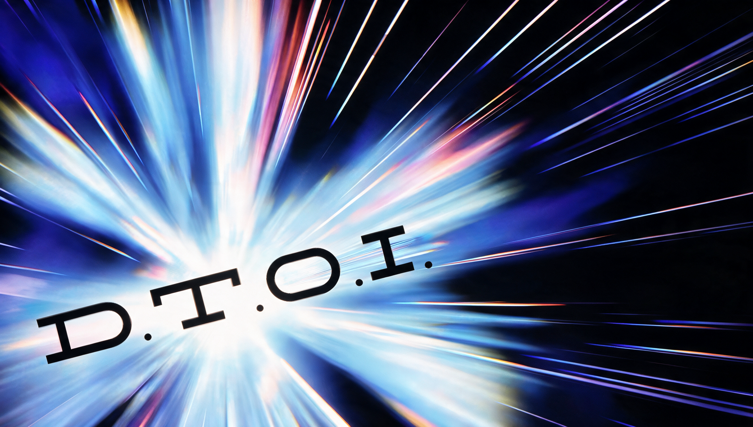 A radiant burst of blue and white light rays expands outward from a central point against a black background, with the bold black text “D.T.O.I.” spanning across the middle of the explosion.