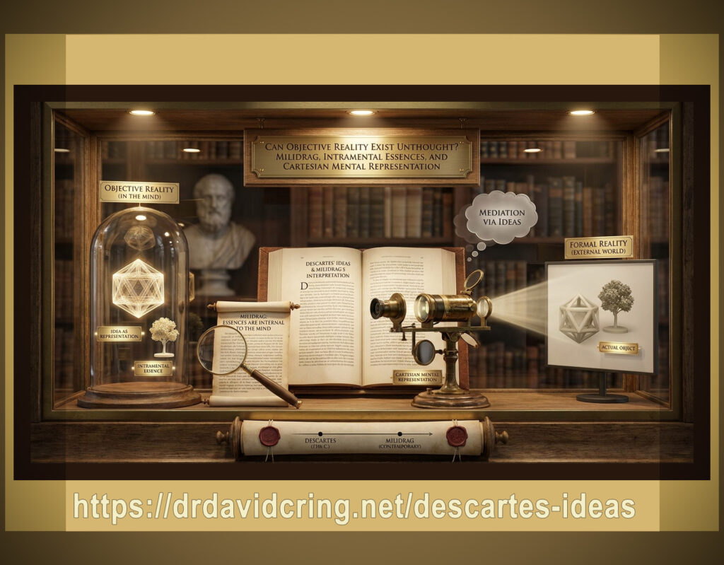 An innovatively framed Nano Banana Pro generated image of a museum-style display case presenting a philosophical comparison of Descartes and Milidrag on objective reality, featuring a geometric form under glass labeled “Objective Reality (In the Mind),” an open book on “Descartes’ Ideas & Milidrag’s Interpretation,” a vintage projector beaming “Mediation via Ideas,” and a screen showing formal reality in the external world, with the DTOI website URL at the bottom.