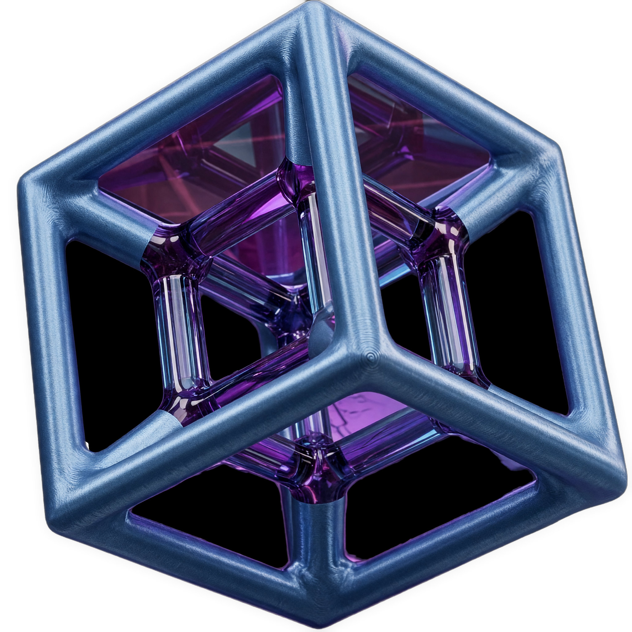 A cutout of a blue geometric cage frames a smaller inner lattice of translucent purple bars and panes, forming a nested polyhedral structure of a hypercube.