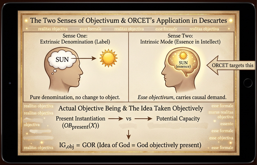A graphic by Nano Banana Pro of a tablet screen displays a two-panel diagram titled “The Two Senses of Objectivum & ORCET’s Application in Descartes,” contrasting Sense One as an extrinsic label of the sun with Sense Two as the sun’s essence in the intellect, then relating present instantiation of objective being to the idea of God taken objectively.
