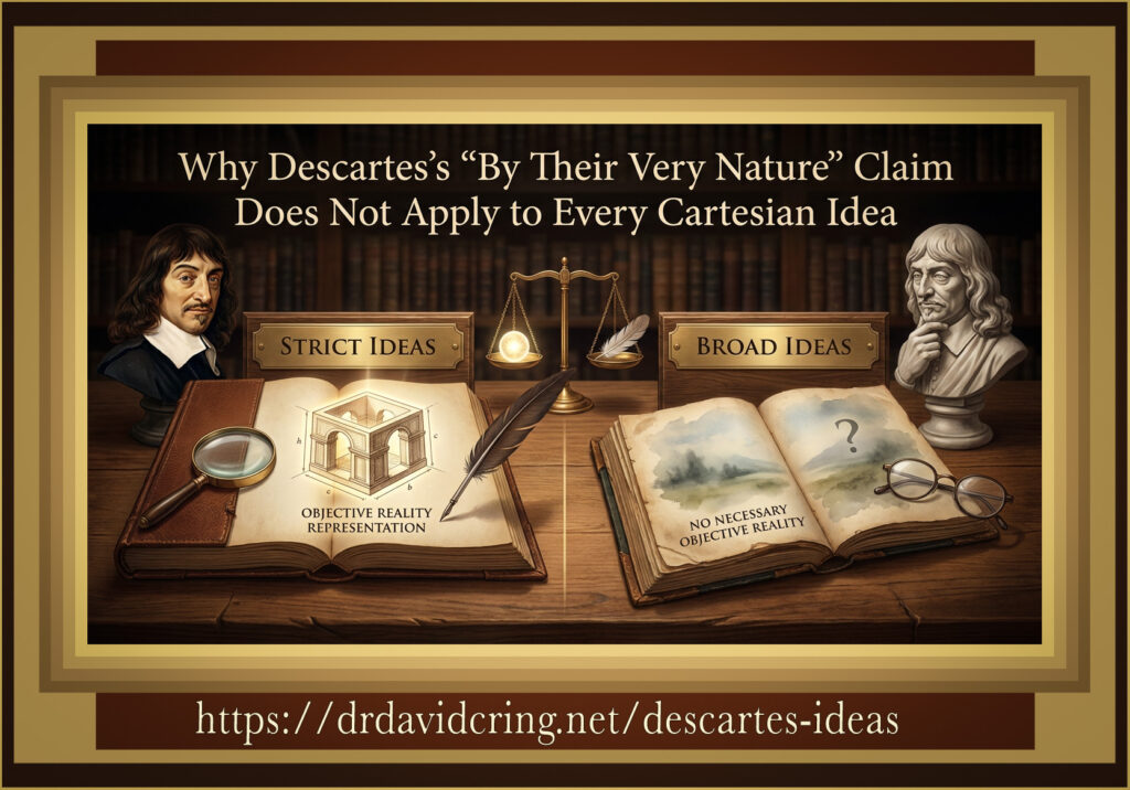 A double framed Nano Banana Pro graphic of a library titled “Why Descartes’s ‘By Their Very Nature’ Claim Does Not Apply to Every Cartesian Idea” contrasts a book of strict ideas showing objective reality representation with a book of broad ideas marked “no necessary objective reality,” with a Descartes bust at left, a thinking bust at right, and the DTOI URL below used as a visual aid for a section of the post.