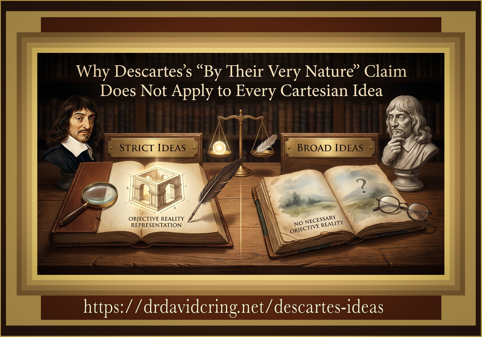 A double framed Nano Banana Pro graphic of a library titled “Why Descartes’s ‘By Their Very Nature’ Claim Does Not Apply to Every Cartesian Idea” contrasts a book of strict ideas showing objective reality representation with a book of broad ideas marked “no necessary objective reality,” with a Descartes bust at left, a thinking bust at right, and the DTOI URL below used as a visual aid for a section of the post.