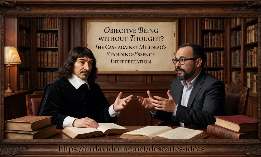 Nano Banana Pro generated an image of a framed library scene showing René Descartes on the left in conversation with Predrag Milidrag on the right at a desk with open books, beneath a plaque titled “Objective Being without Thought? The Case against Milidrag’s Standing-Essence Interpretation,” with the DTOI website URL inside a wooden frame along the bottom.