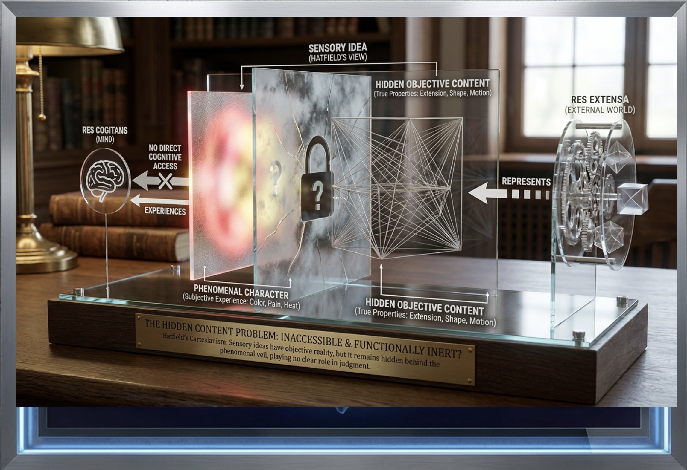 A Nano Banana Pro graphic of a desk model of layered glass panels diagrams Hatfield’s view of the sensory idea, placing res cogitans behind a phenomenal veil with no direct cognitive access to hidden objective content that represents res extensa, used as a featured image.