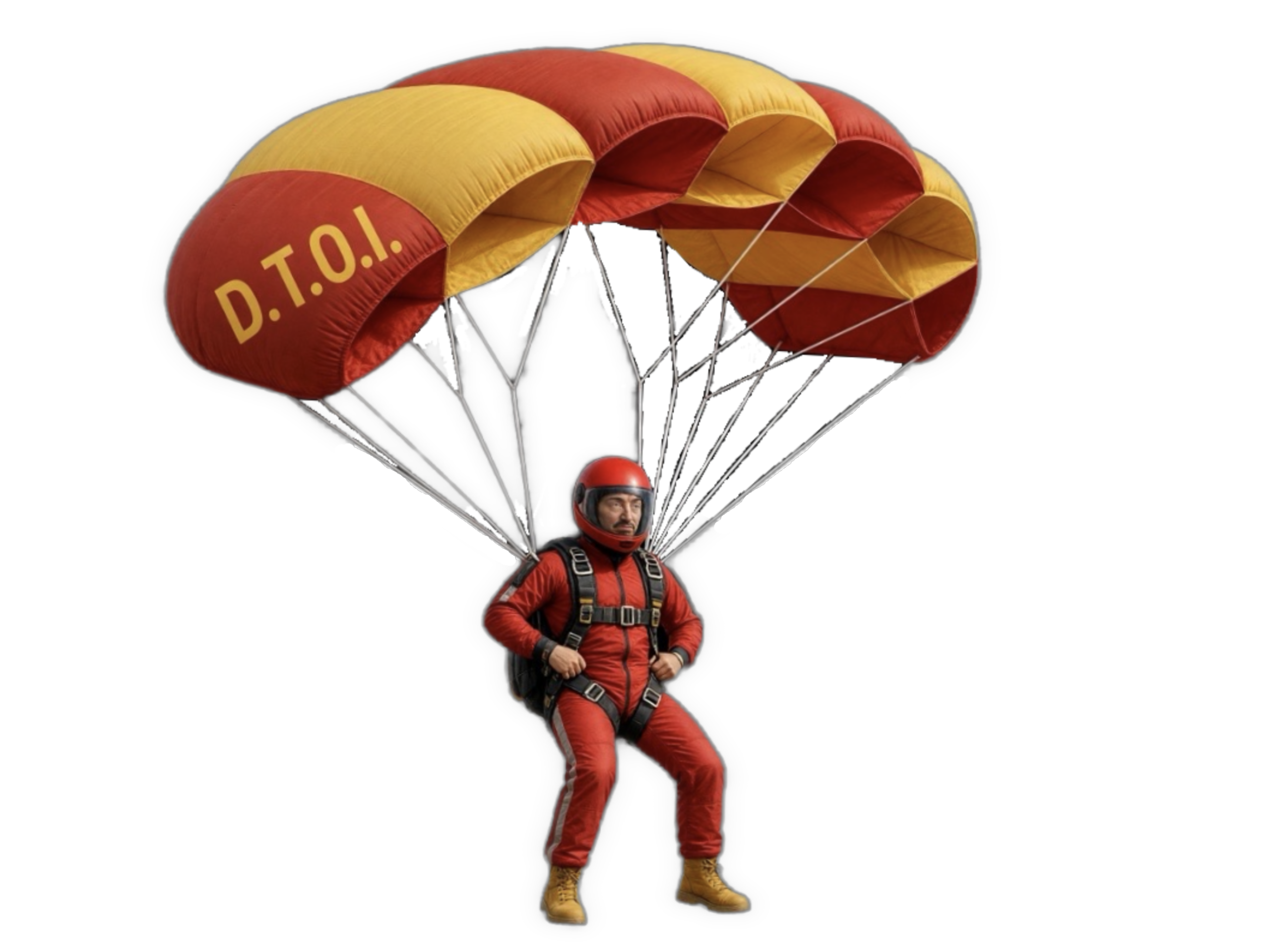 A skydiving René Descartes in a red jumpsuit and helmet hangs beneath a red and yellow parachute marked “D.T.O.I.” used as a bullet point.