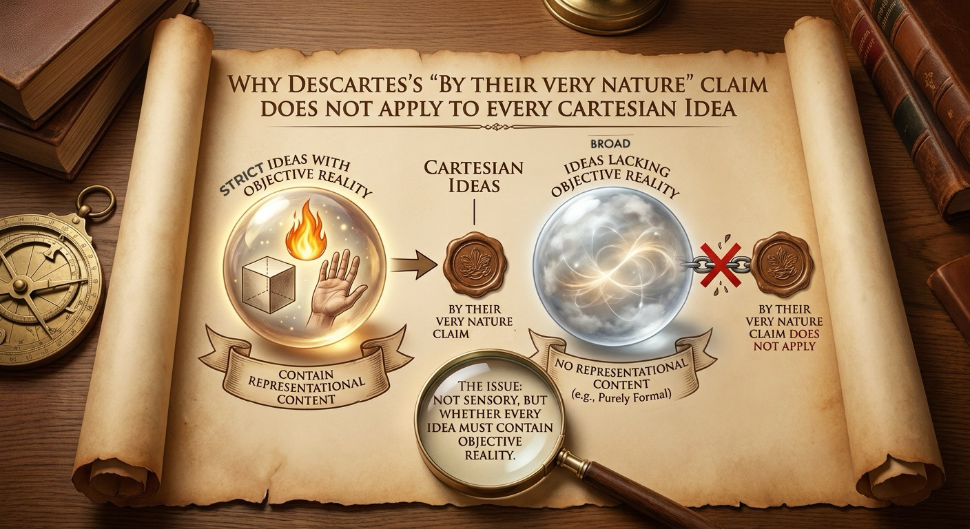 A Nano Banana Pro graphic of a parchment diagram titled “Why Descartes’s ‘By Their Very Nature’ Claim Does Not Apply to Every Cartesian Idea” contrasting strict ideas that contain objective reality with broad ideas that lack it, noting that the issue is whether every idea must contain objective reality used as a featured image.