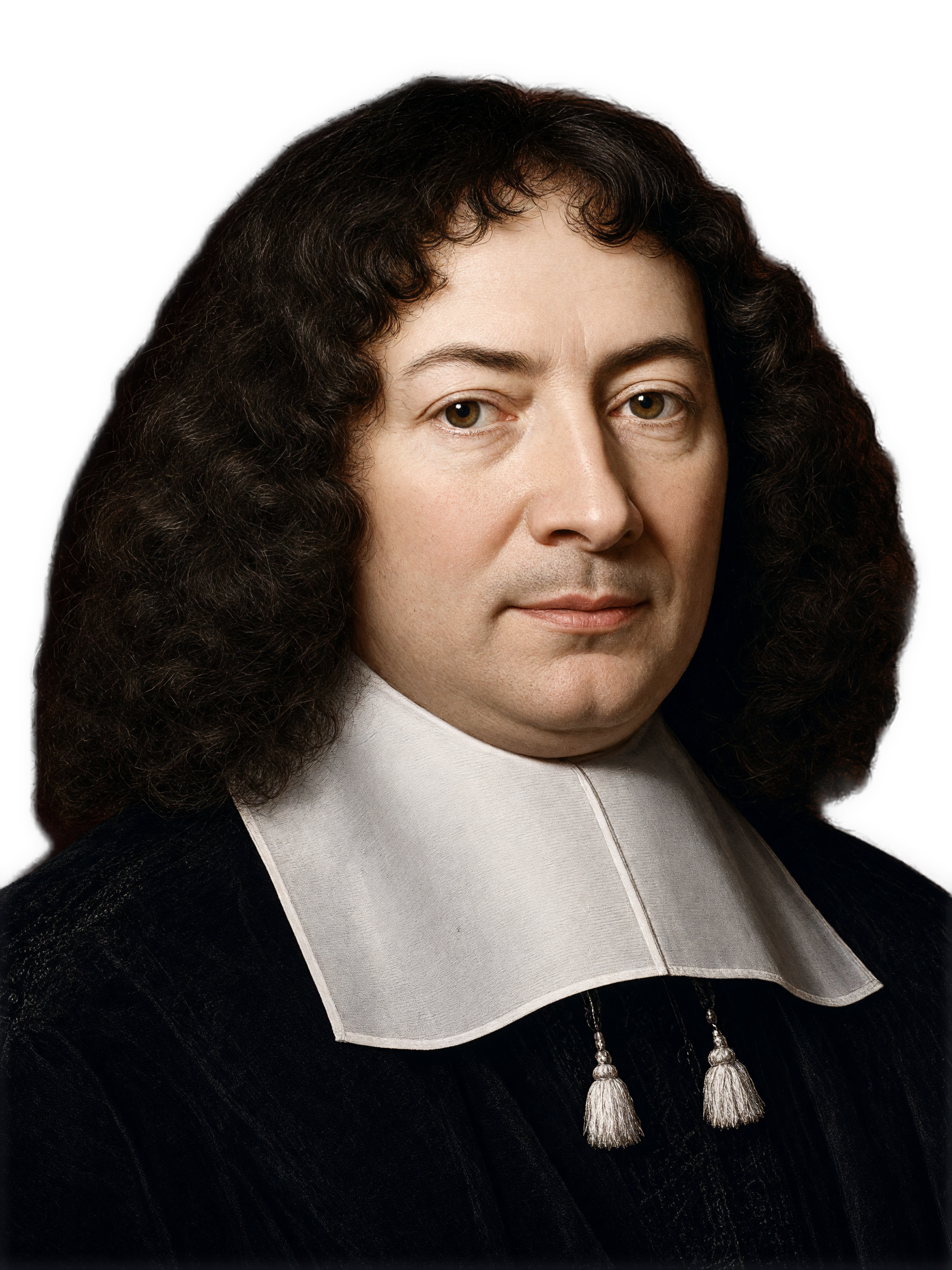 An enhanced and colorized portrait of Frans Burman showing a man with long dark curls, a pale square collar with two hanging tassels, and a dark velvet coat used to visually identify him.