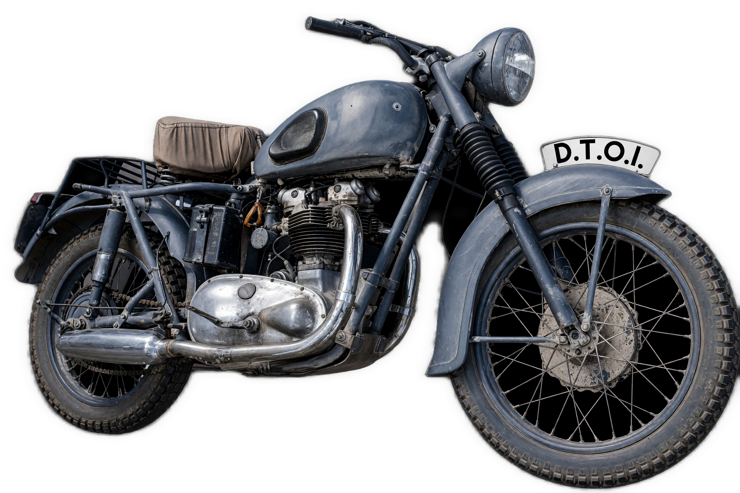 An enhanced and colorized cutout of a weathered gray vintage motorcycle with knobby tires, a tan seat, and a chrome exhaust stands, with “D.T.O.I.” on the front number plate.